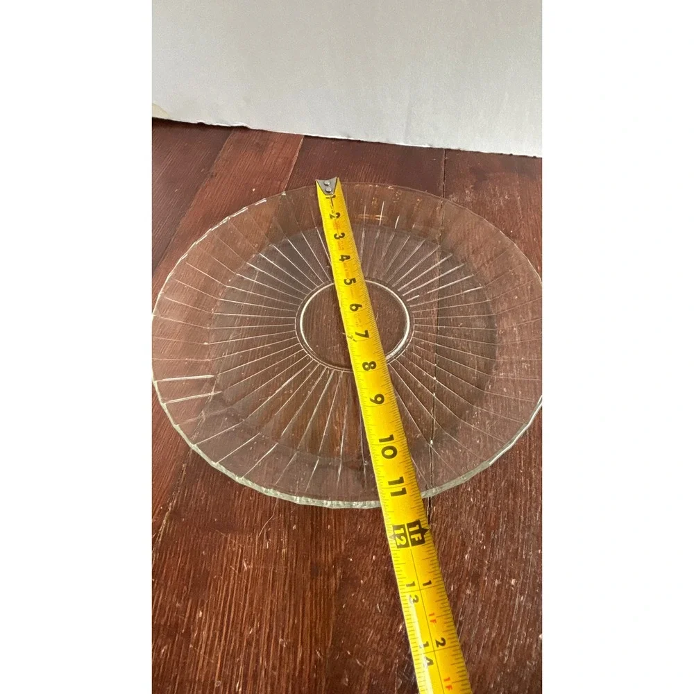 Vintage Clear Pressed Glass Sunburst Round Serving Platter 12 Inch Scalloped Rim